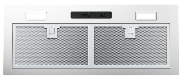 Stock image of a stainless steel Zephyr brand range hood insert.